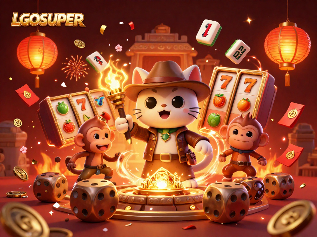 Experience thrilling gaming with LGOSUPER featuring cartoon archaeologist cat and vibrant casino artifacts.