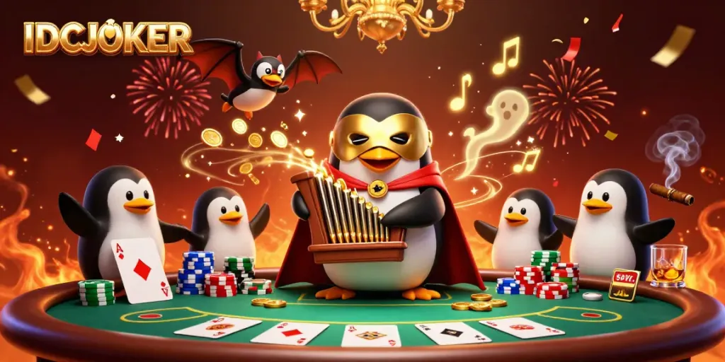 IDCJOKER: A vibrant 3D scene of a penguin playing an organ, coins flying, and poker elements.