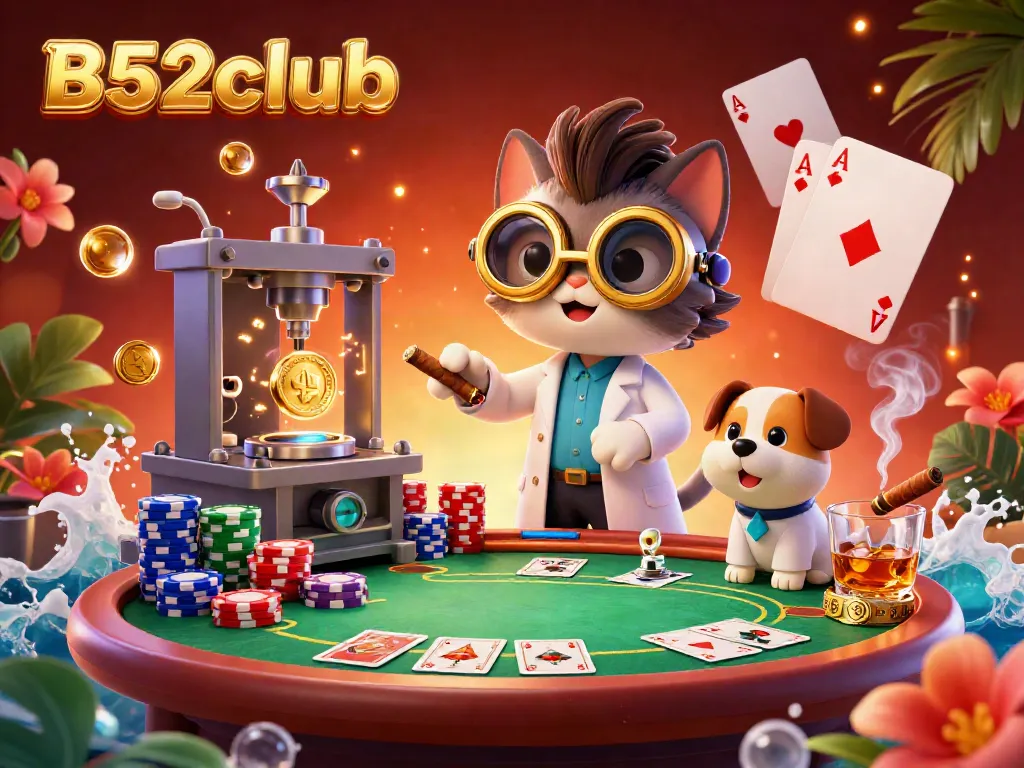B52club showcases an energetic 3D scene with a mad scientist cat and assistant amid gaming excitement.