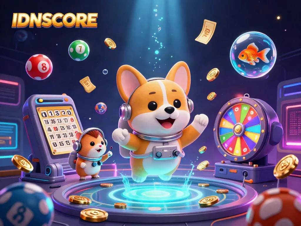 Experience thrilling gameplay with IDNSCORE, featuring a floating casino scene with a cute astronaut corgi and vibrant game elements.
