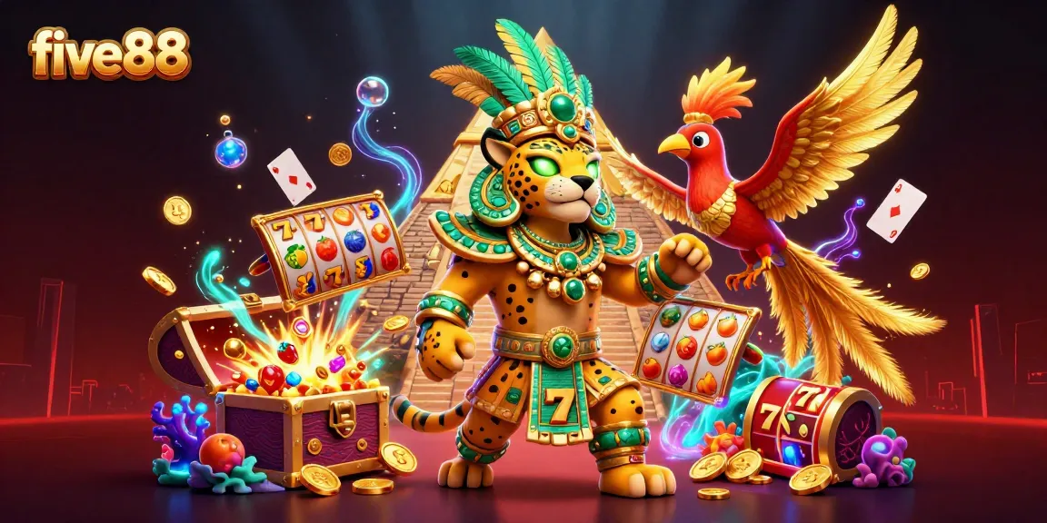 Engage with five88 in a vibrant casino scene featuring Mayan characters and dynamic slot elements.