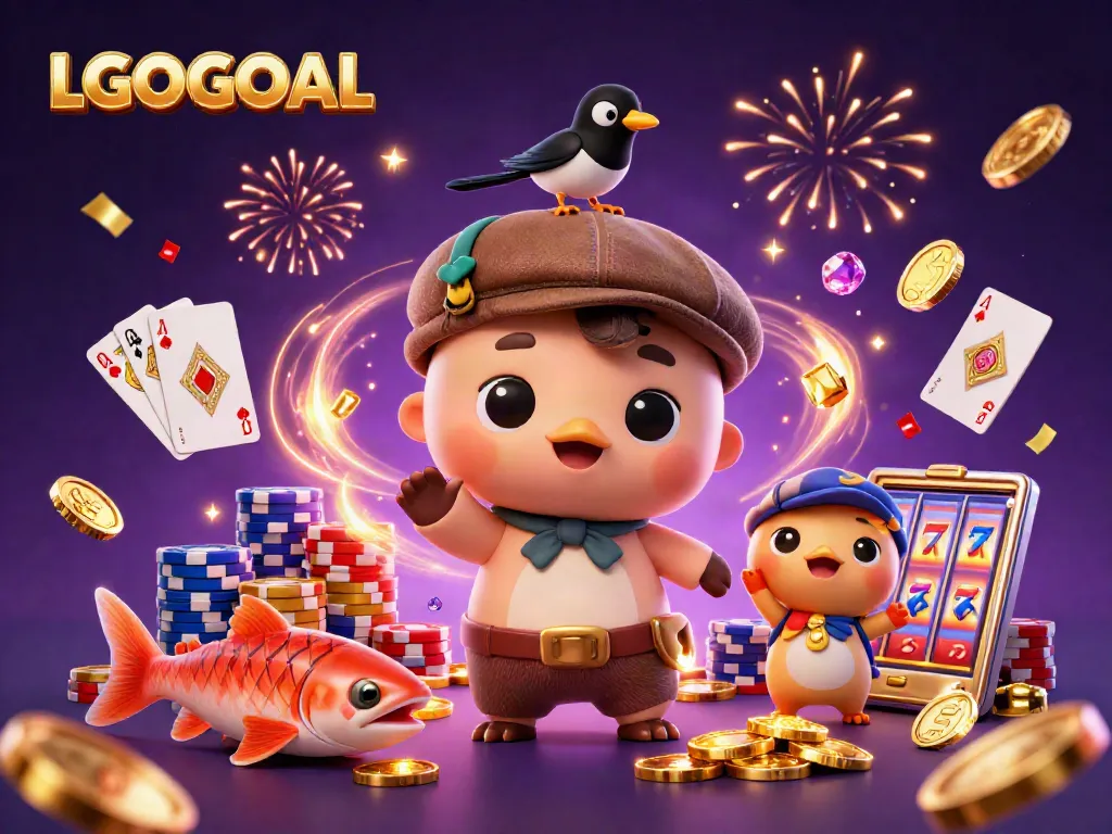 Experience winning odds with LGOGOAL in this vibrant 3D casino illustration featuring playful characters.