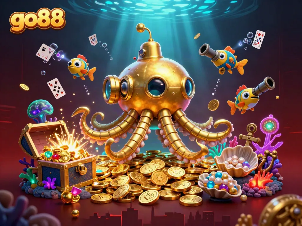 Engage with go88's vibrant gaming world, featuring a golden kraken submarine amidst coins and playing cards.