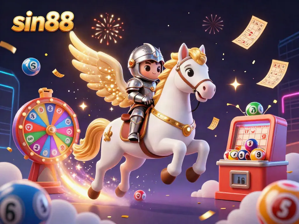 Experience exciting gameplay at sin88 with a dynamic casino scene of a celestial horse and knight amidst colorful lottery elements.