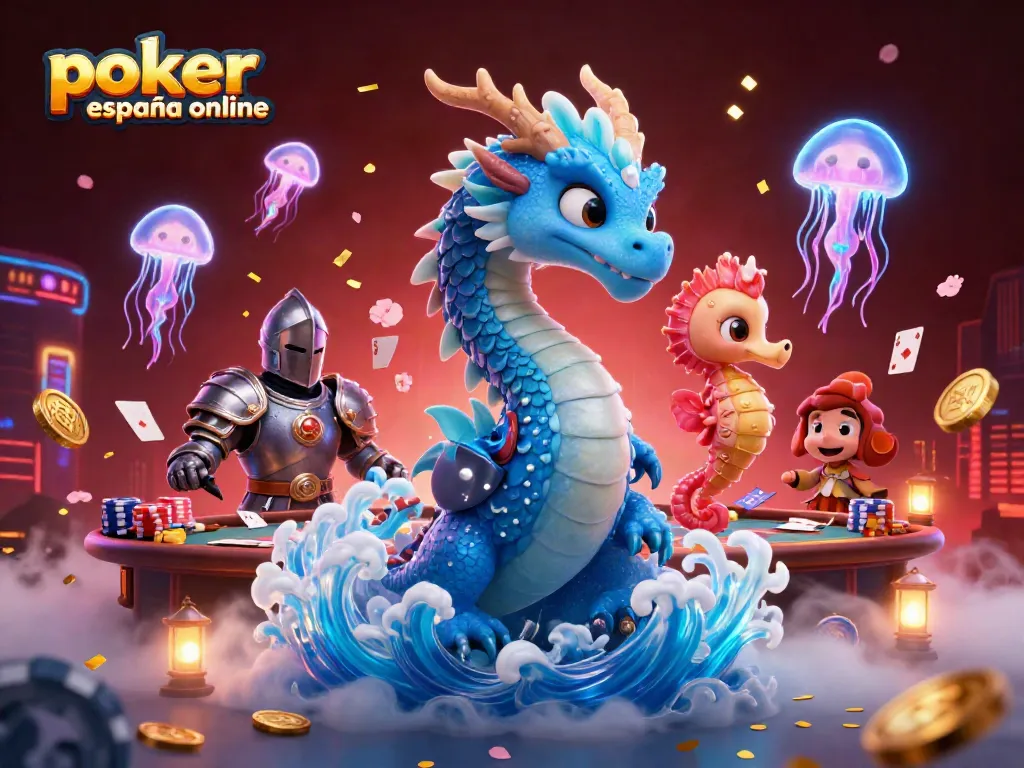Practica Póker en Línea en España con un dragón y caballero en un entorno de casino vibrante.