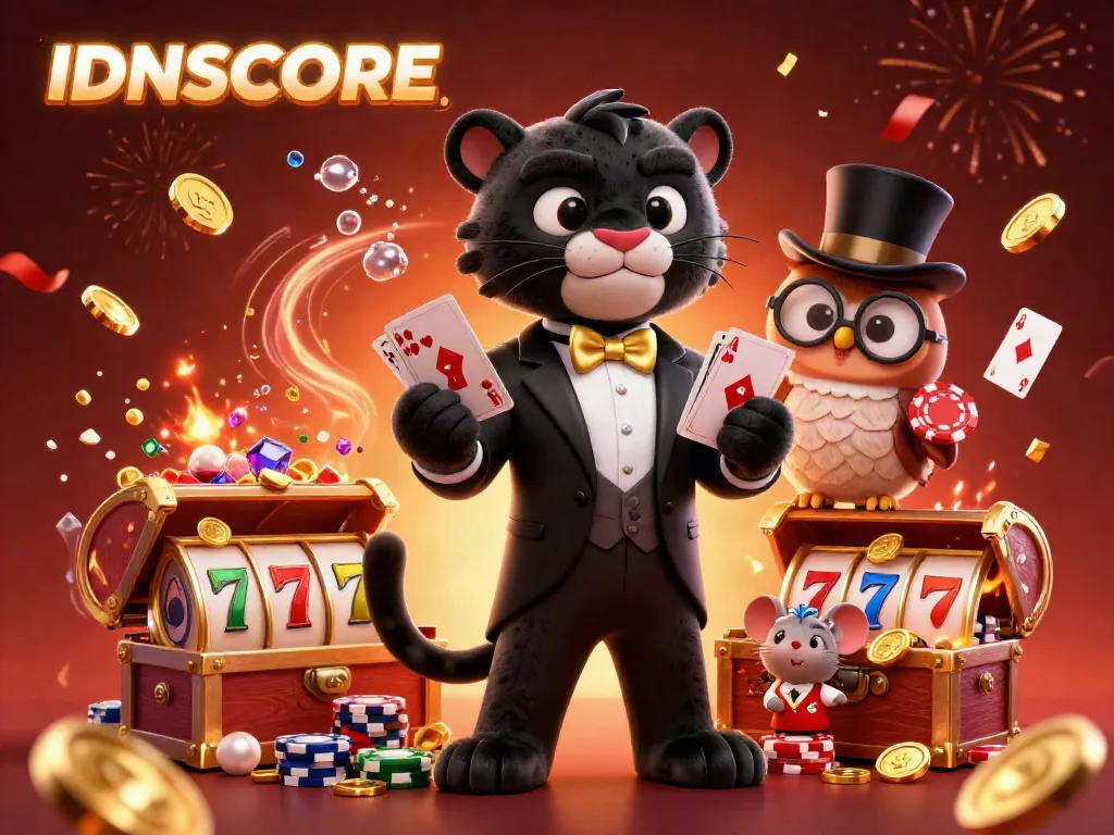 IDNSCORE featuring a stylish panther in a tuxedo dealing cards, with vibrant casino elements and character interactions.