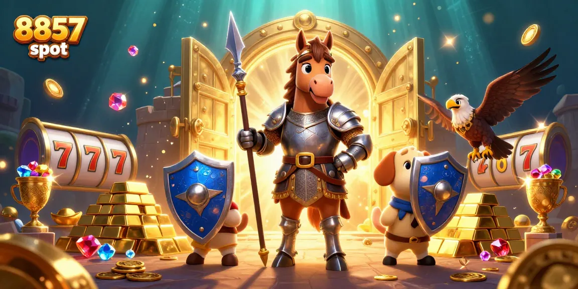 Ganhe com 8857 slot: ilustração vibrante de caça-níqueis com personagens 3D no cassino.