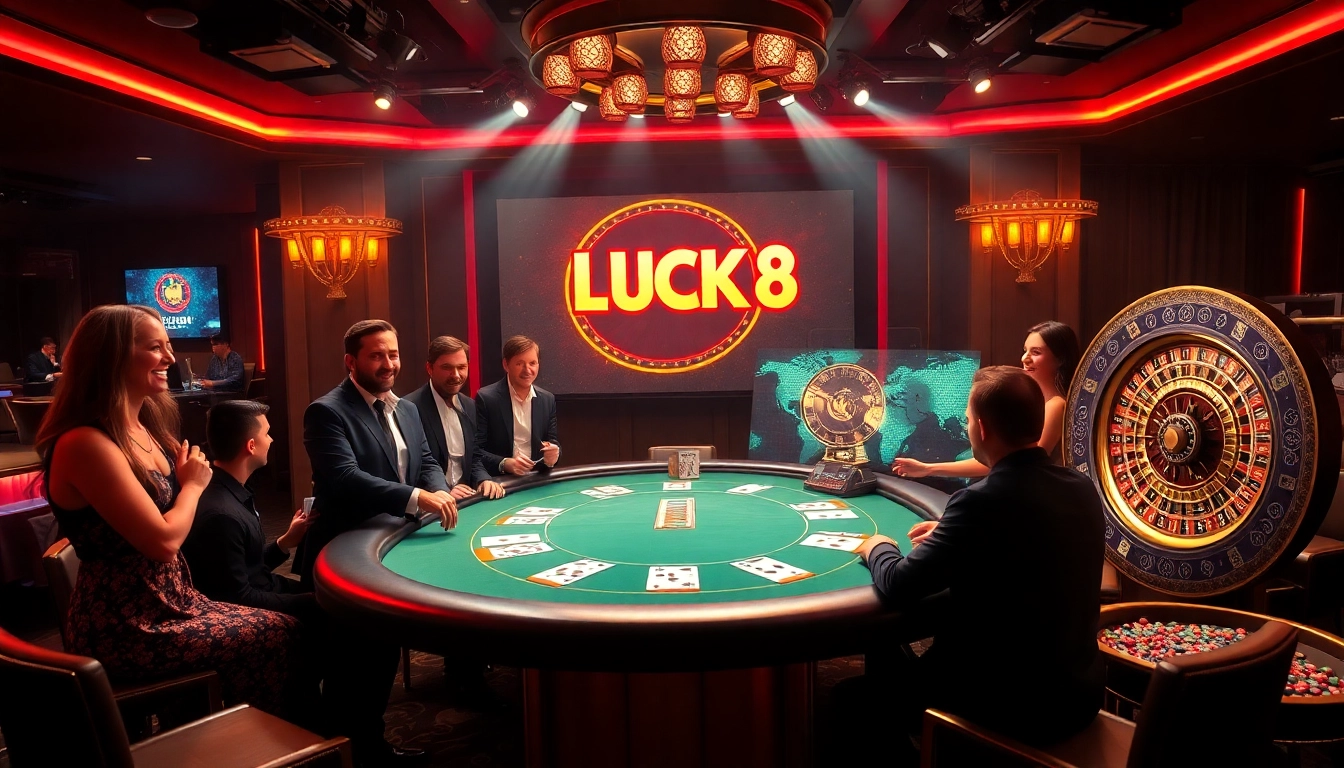LUCK 8 exciting blackjack table with vibrant casino elements and players engaging in high-stakes play.