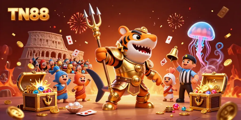Experience thrilling underwater casino action with TN88 featuring a tiger shark in gladiator armor commanding the arena.
