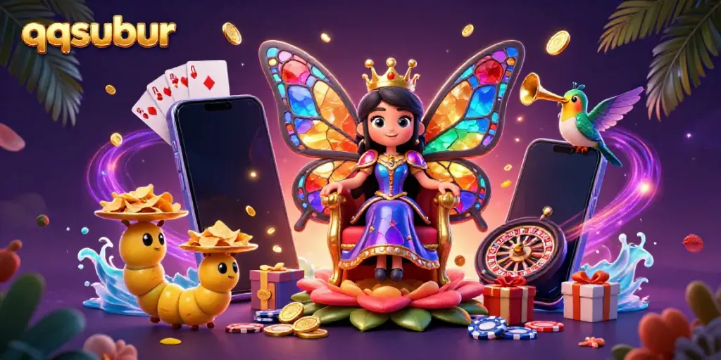 Experience seamless gaming action with the vibrant qqsubur casino illustration, featuring royal butterfly and lively game elements.