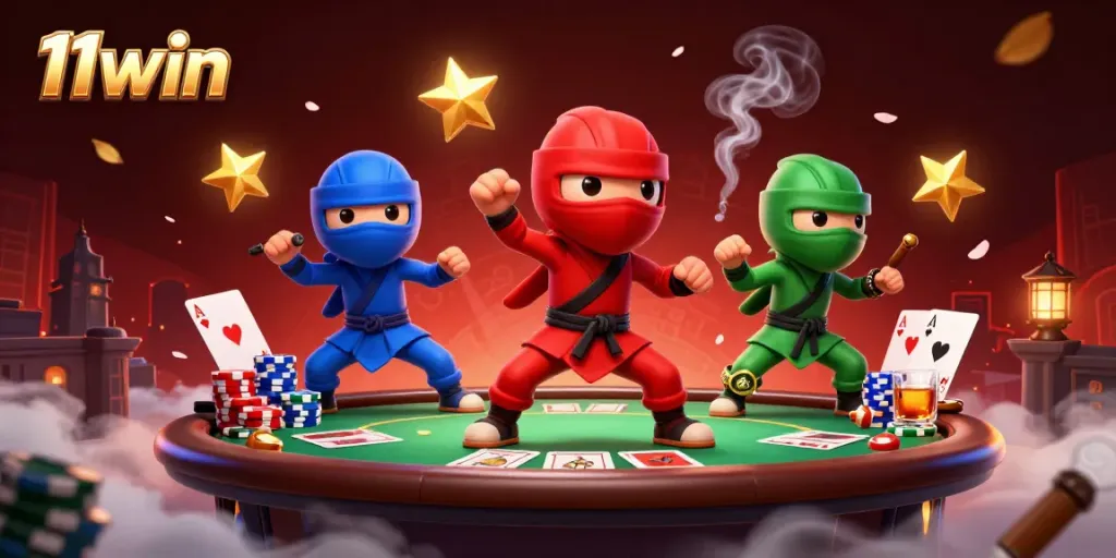 Engaging scene showcasing 11win's vibrant casino atmosphere with themed ninja chameleons at a poker table.