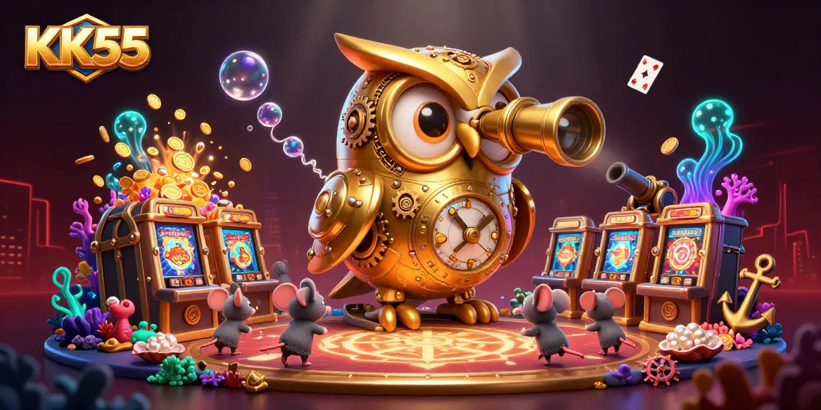 Play dynamic casino games at KK55 with a vibrant, detailed illustration showing golden owl and treasure