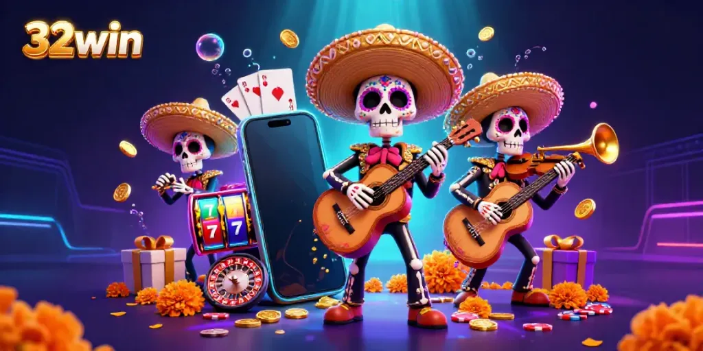 Engage with 32win's vibrant cartoon scene featuring a mariachi band amid slot game excitement.