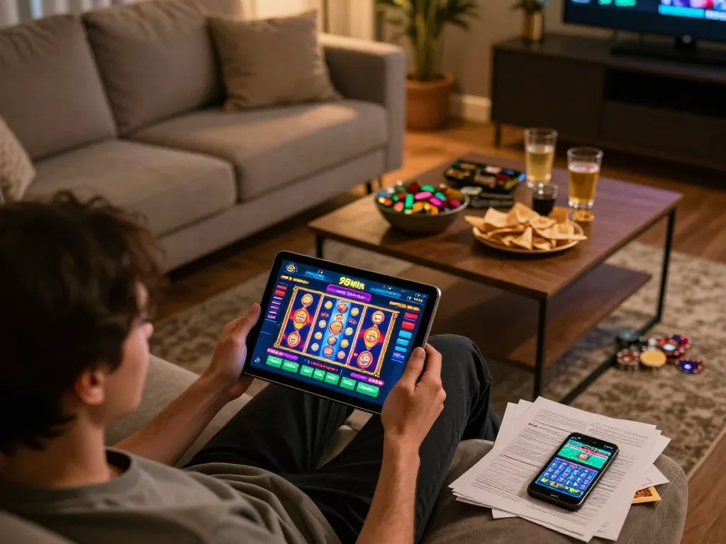 Engaged player on a tablet enjoying 98win online casino gaming experience with vibrant visuals