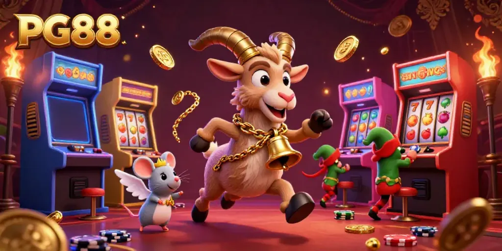 Experience the excitement of PG88 at a bustling casino with a Krampus goat and mischievous elves stealing chips.