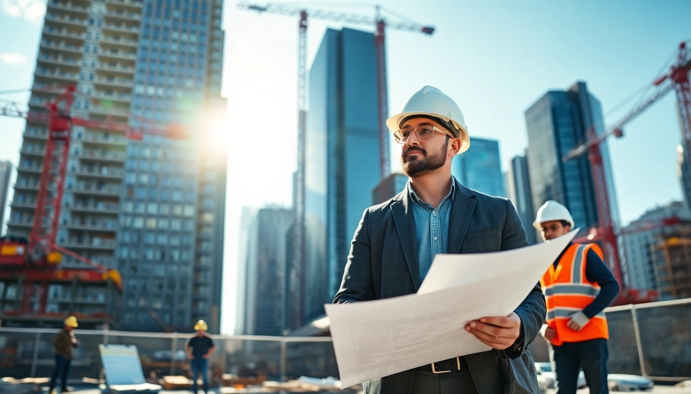 New York City Construction Manager supervising a construction site with plans in hand.