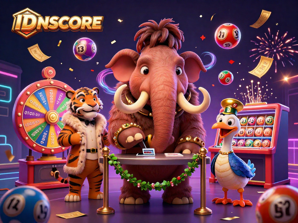 Experience the excitement of IDNSCORE with vibrant characters and lottery action in a thrilling casino scene.
