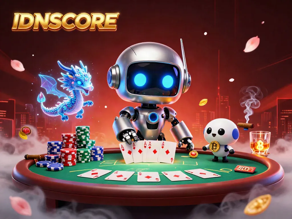 IDNSCORE’s modern casino experience with a dynamic 3D illustration showcasing a cyberpunk robot and poker elements.