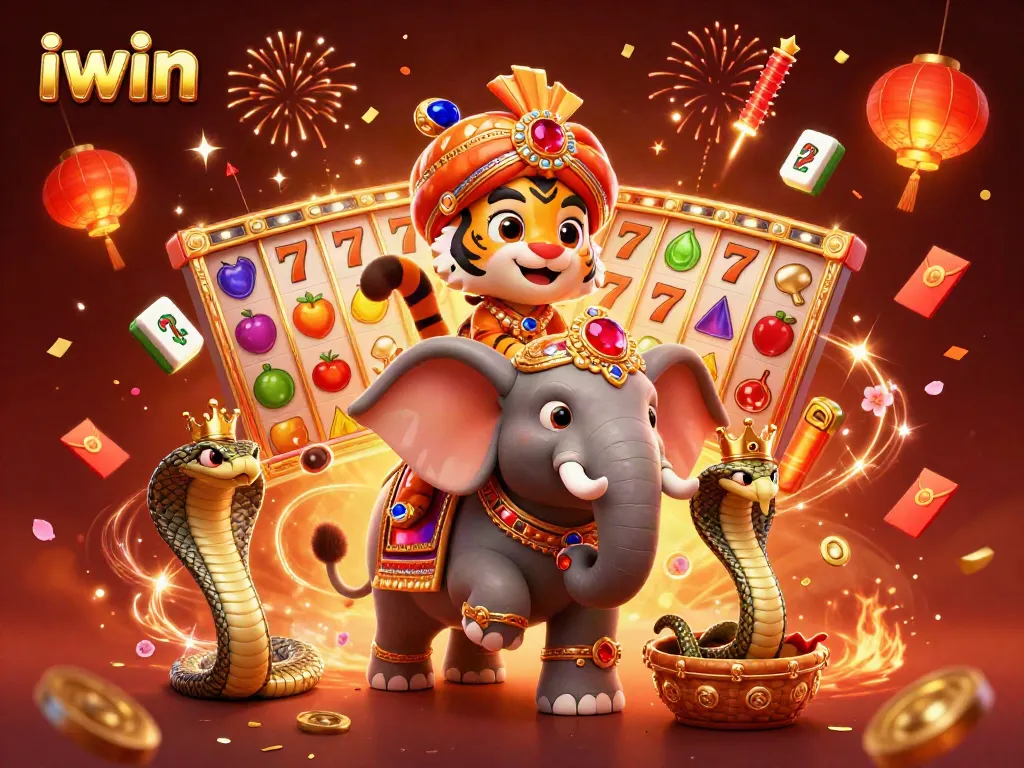 Engage with iwin's exciting casino experience featuring vibrant slot reels, an ornate tiger, and festive elements.