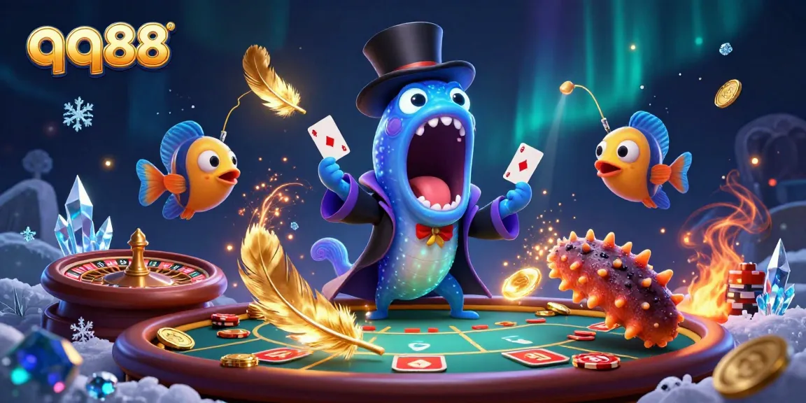 Engage with the vibrant world of qq88 through this stunning casino-themed 3D illustration showcasing magical sea creatures.
