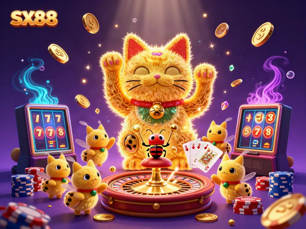 SX88 showcases a dynamic lucky cat scene with casino symbols and vibrant energy.