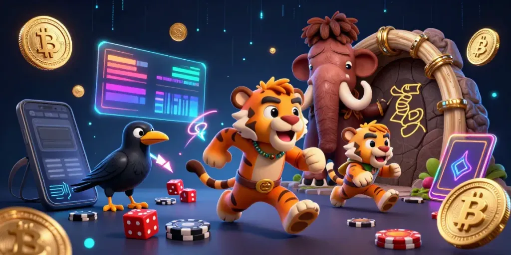 Experience thrilling games at hit club with a vibrant prehistoric casino scene and crypto elements.