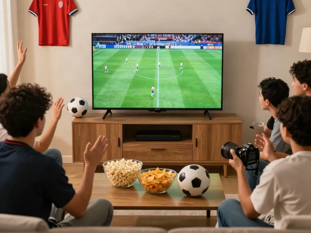 Exciting match night at home with friends watching football live on https://xoilactvlive.net/ with snacks and decorations.