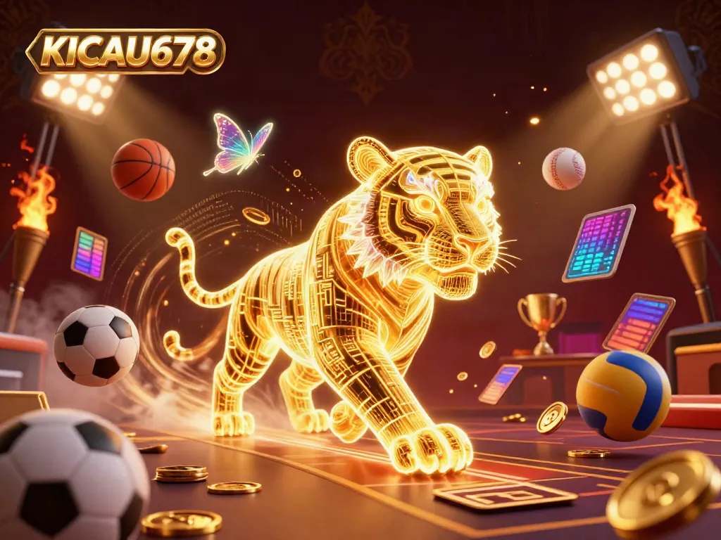 KICAU678 immerses players in a vibrant digital casino scene featuring a luminous golden tiger and dynamic sports elements.
