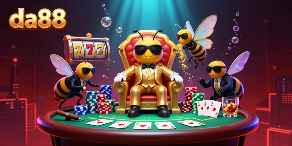 Experience the vibrant da88 gaming scene with slot reels and high-stakes poker, featuring dynamic characters and rich details.