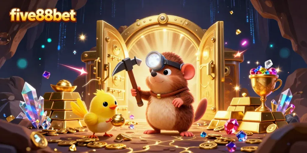 Experience thrilling gaming adventure with five88bet in a treasure-filled 3D scene.