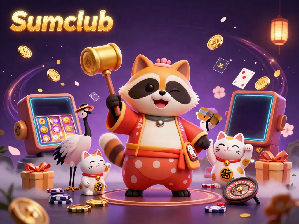 Experience the thrill of Sumclub gaming with a festive 3D illustration of a tanuki and lucky symbols.