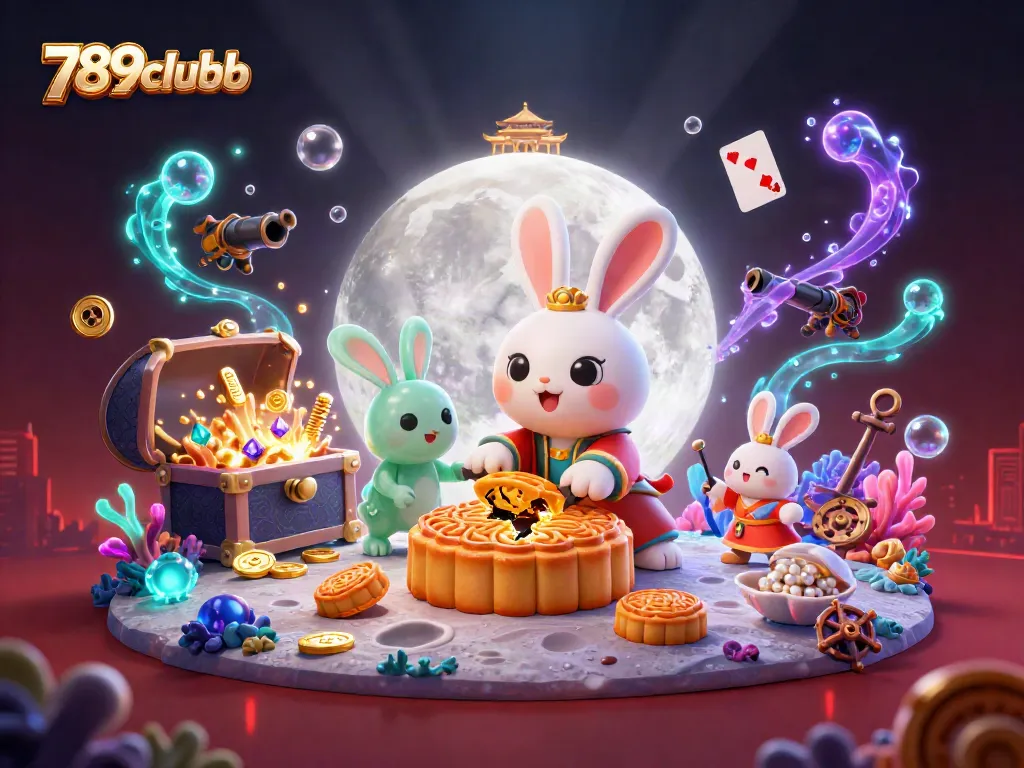 Join 789clubb's exciting lunar casino adventure with vibrant poker chips and mooncakes.
