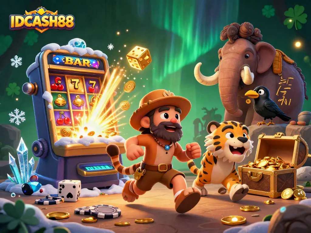 Experience excitement with IDCASH88's prehistoric casino, featuring vibrant characters and dynamic game elements.