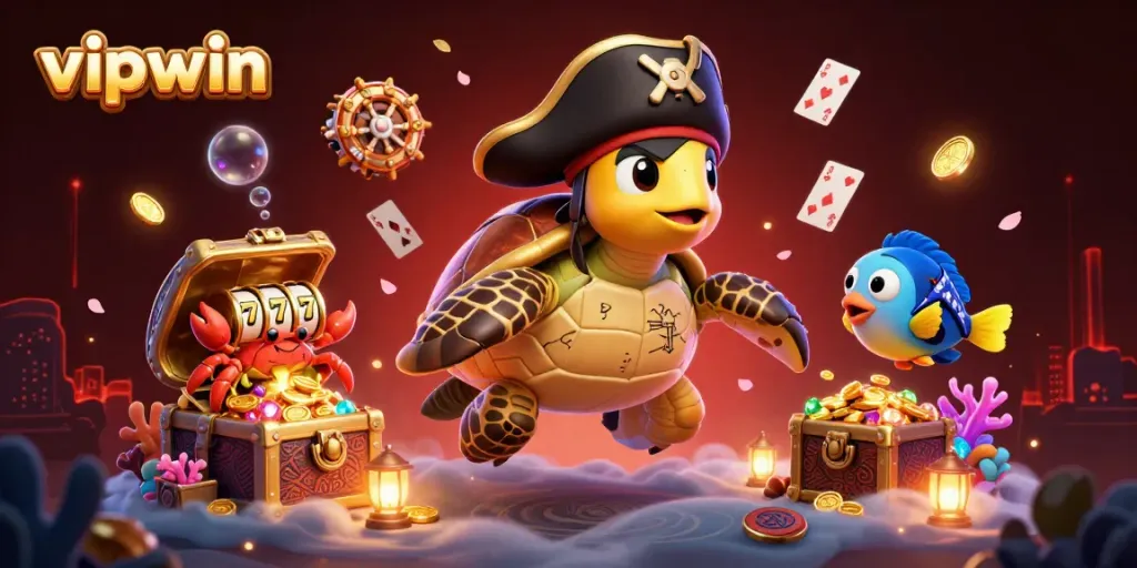 Join the adventure with vipwin's playful turtle and friends amidst vibrant casino treasures.