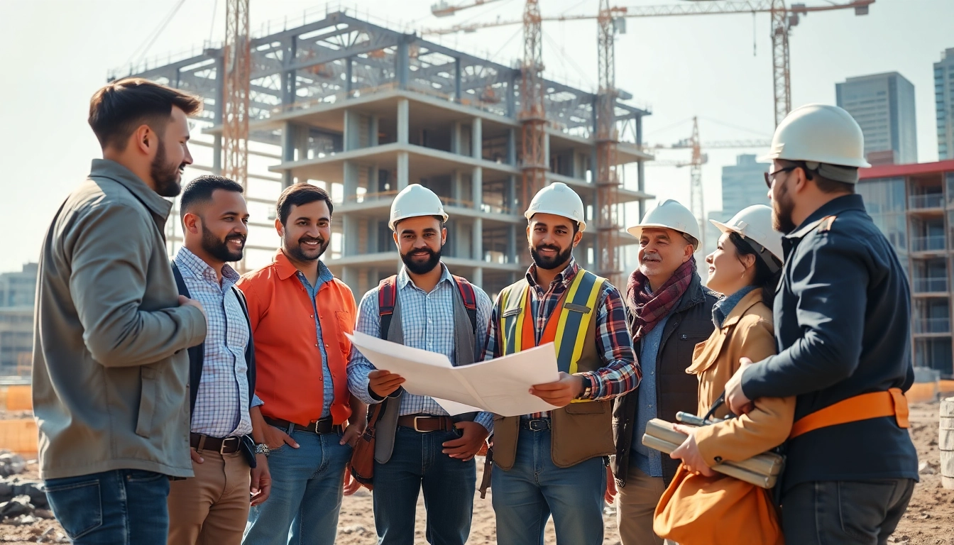 Construction member organization collaborating on-site, showcasing teamwork and building progress.