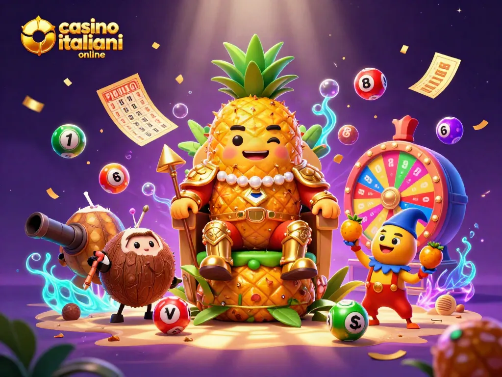 Immagine di "casino italiani online" con un re ananas e personaggi giocosi che celebrano nel mondo del gioco.