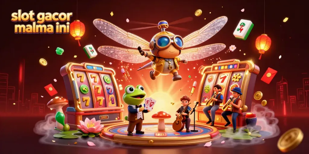 Engage with the slot gacor malma ini gaming scene featuring a vibrant dragonfly pilot and exciting slot reels.