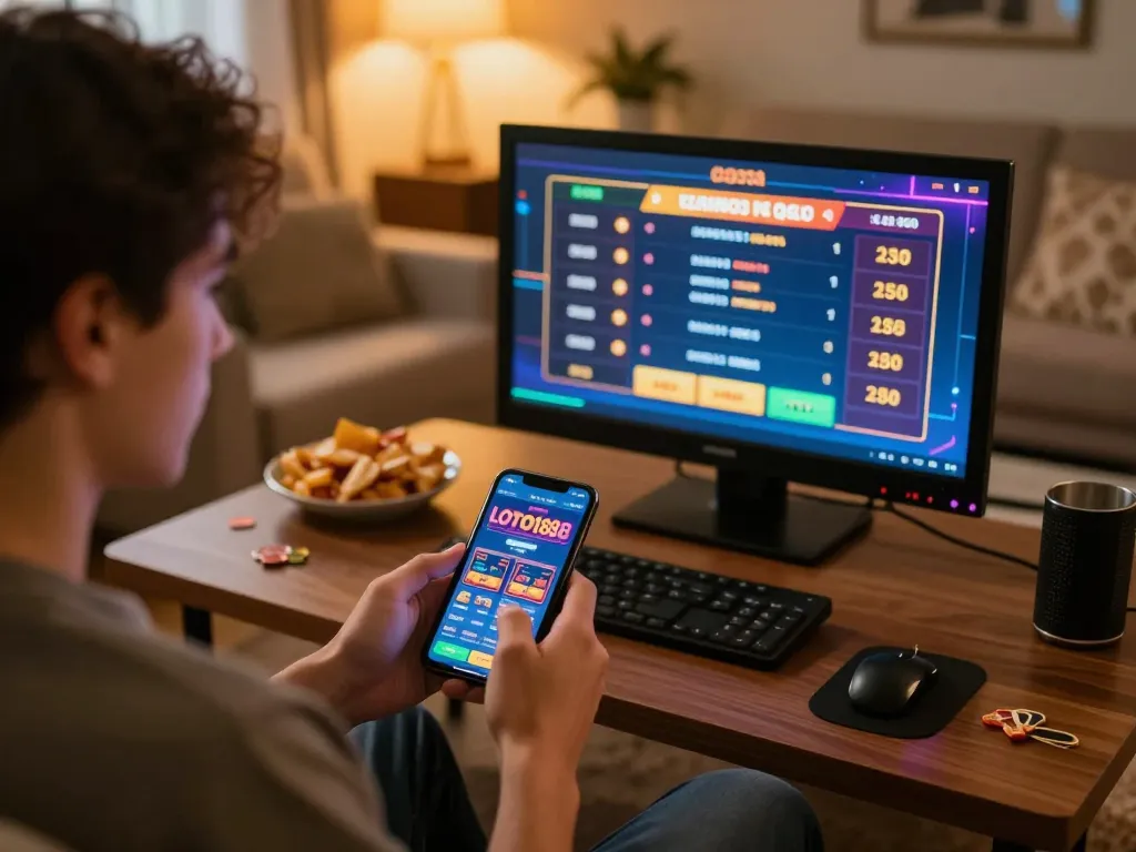 LOTO188 player using a smartphone for online betting in a cozy home setup.