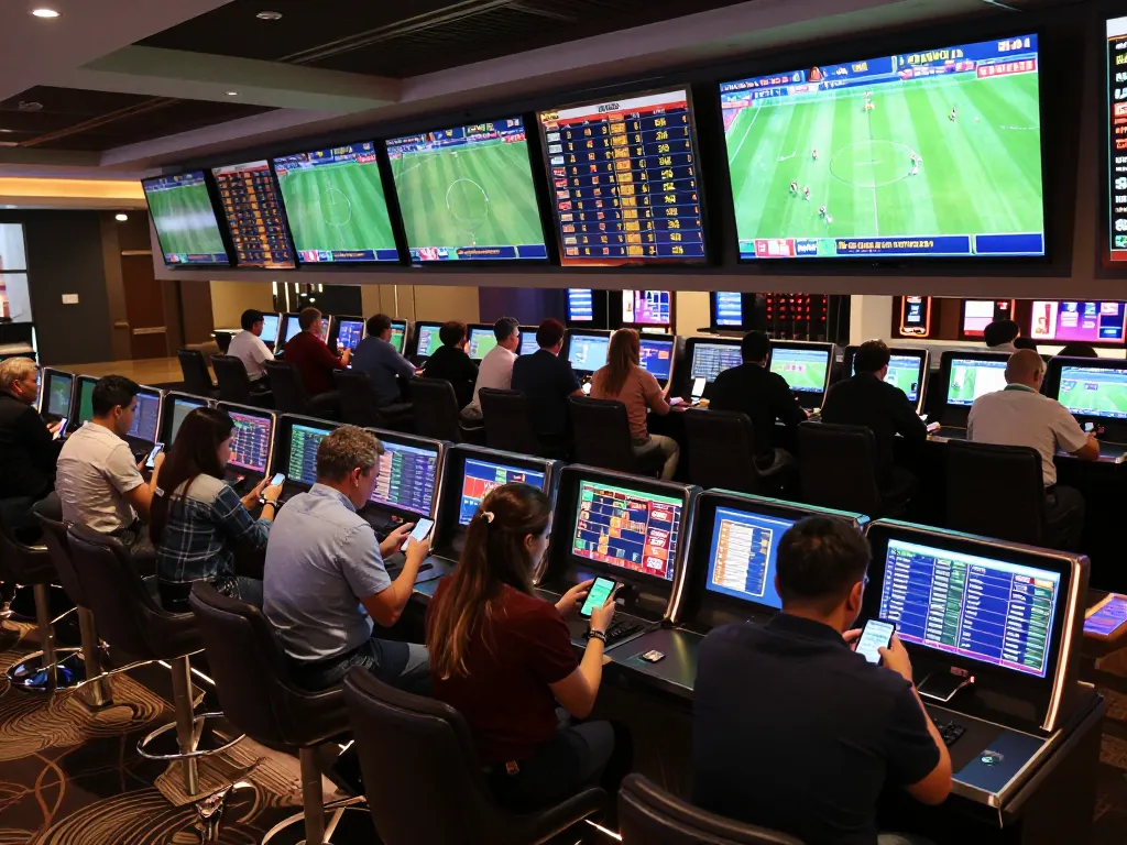 Xoilac users engage in live sports betting with enthusiasm in a modern casino setting