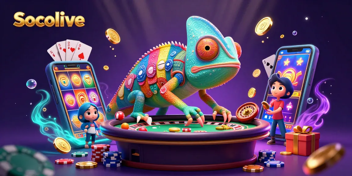 Socolive's vibrant 3D illustration showcasing a chameleon casino owner and lively gaming elements in action.