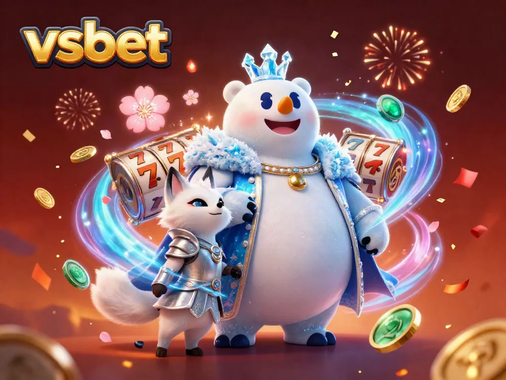 Experience the thrilling vibe of vsbet with the ice king and snow fox amidst splendid casino elements.
