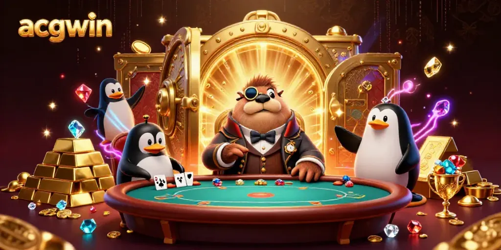 Engaging acgwin scene of a jolly walrus, poker game, and treasure in an underwater casino setting.