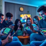 77EE online gaming enthusiasts enjoying diverse betting options in a vibrant home setting.