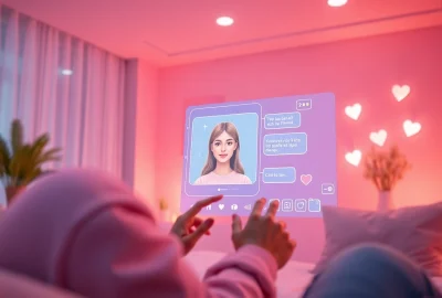 An engaging AI gf interaction scene showcasing a user connecting with their virtual girlfriend in a cozy, modern digital environment.