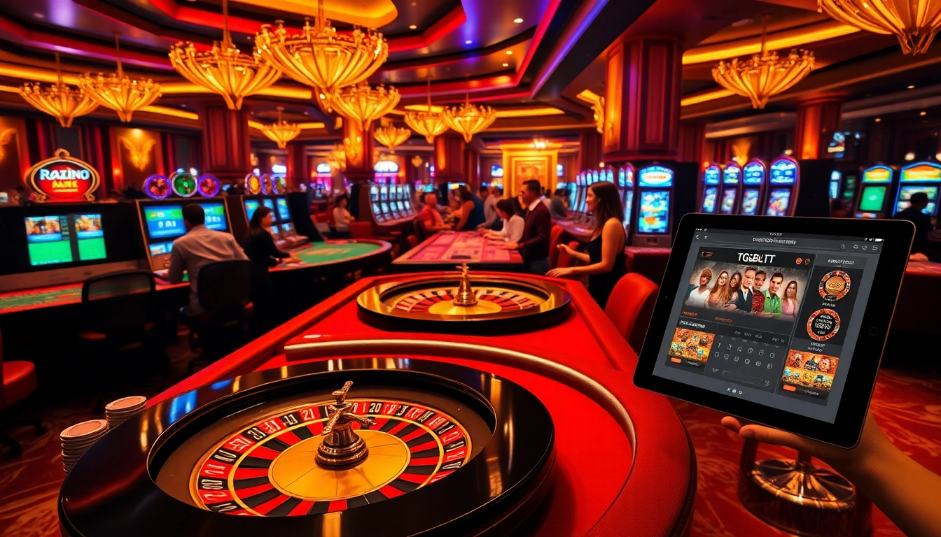 Thrilling casino scene showcasing tg88 with poker chips and illuminated slot machines.