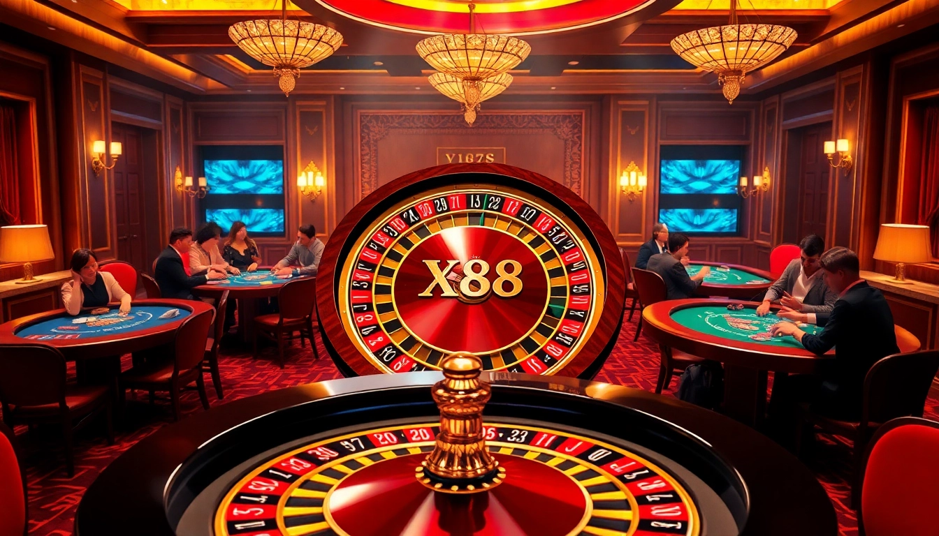 X88 casino atmosphere featuring vibrant roulette wheel and engaged players at tables