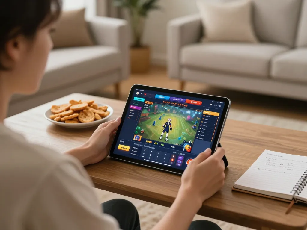Player enjoying online games on ww88 tablet in a cozy home environment with a notebook for strategies.