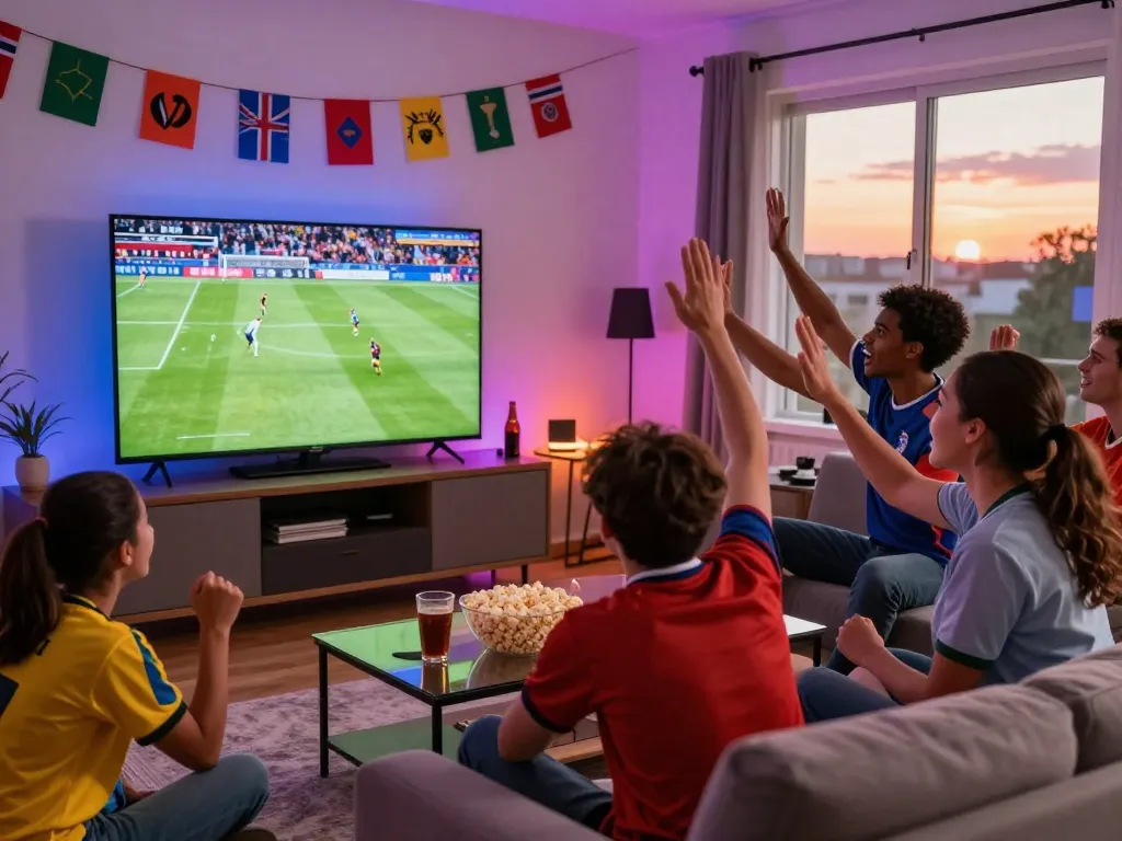 Cakhiatv fans enjoying a live football match in a vibrant living room.