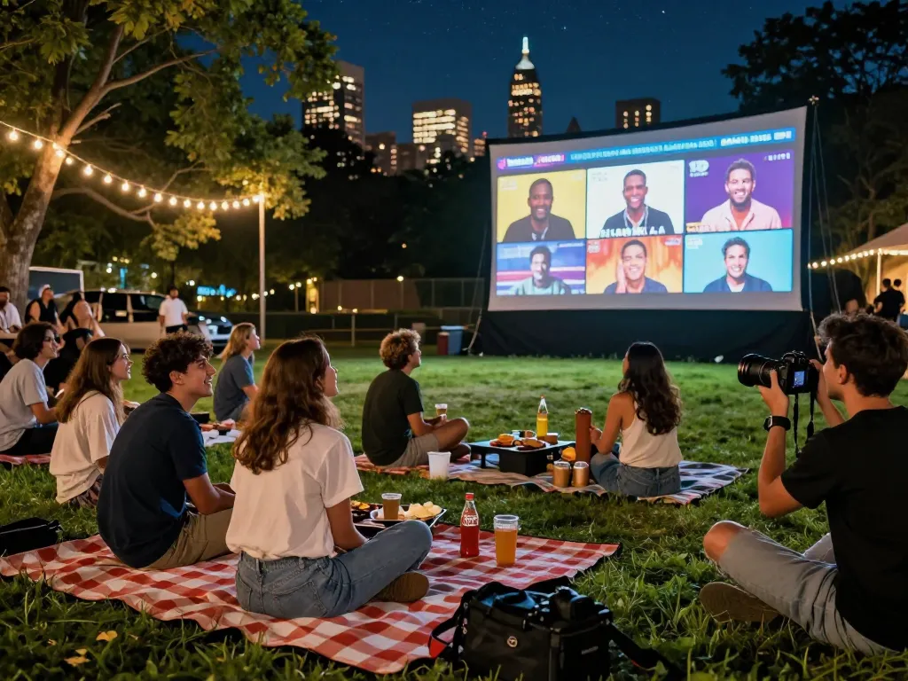 Friends enjoying an outdoor film screening featuring video skandal, creating an exciting urban nightlife atmosphere.
