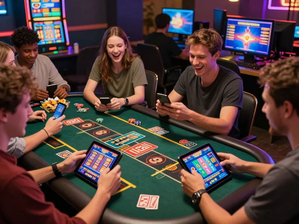 Engaging scene of diverse players enjoying various casino games on 789club platform in a vibrant gaming lounge